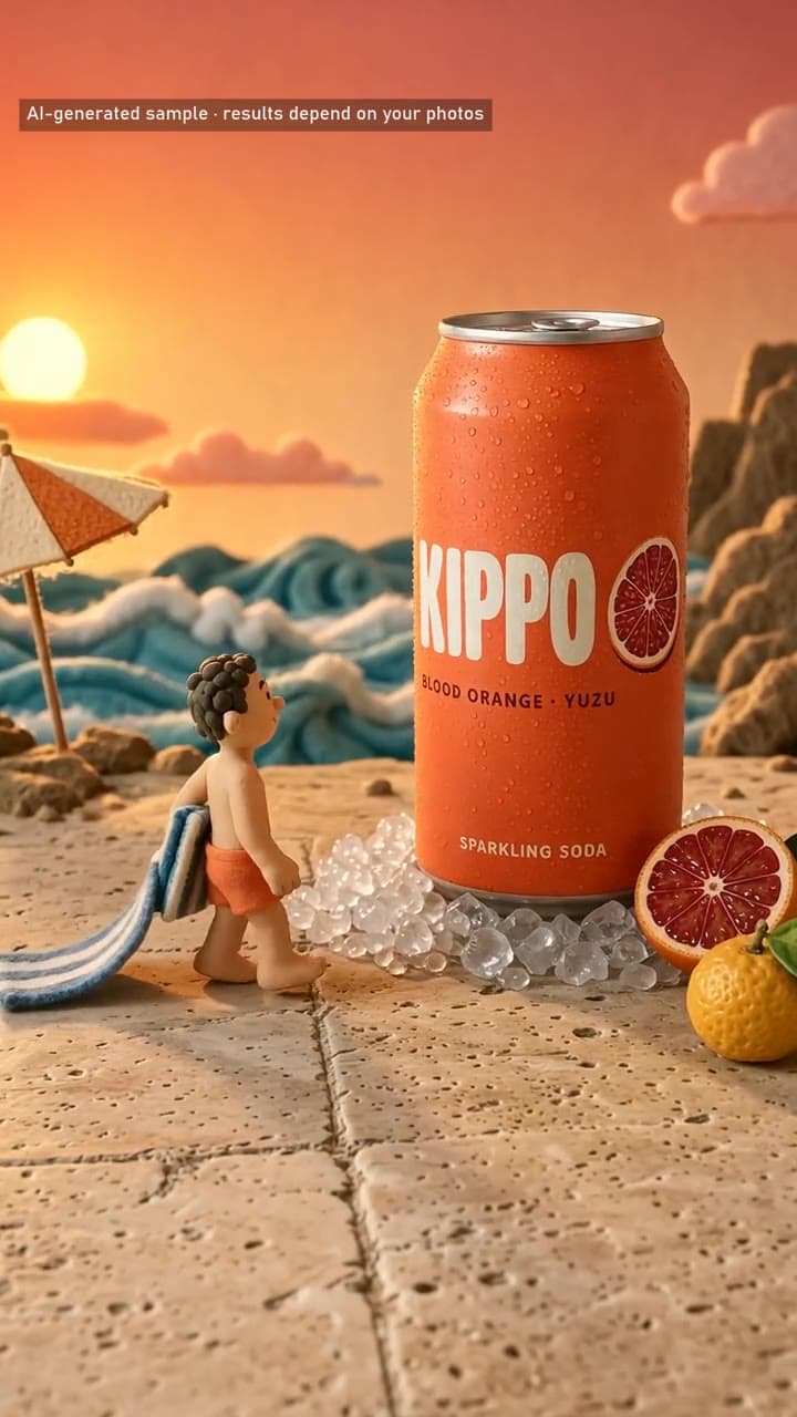 Tiny Beach Day, a clay still of the KIPPO Blood Orange Yuzu Sparkling Soda. AI-generated.