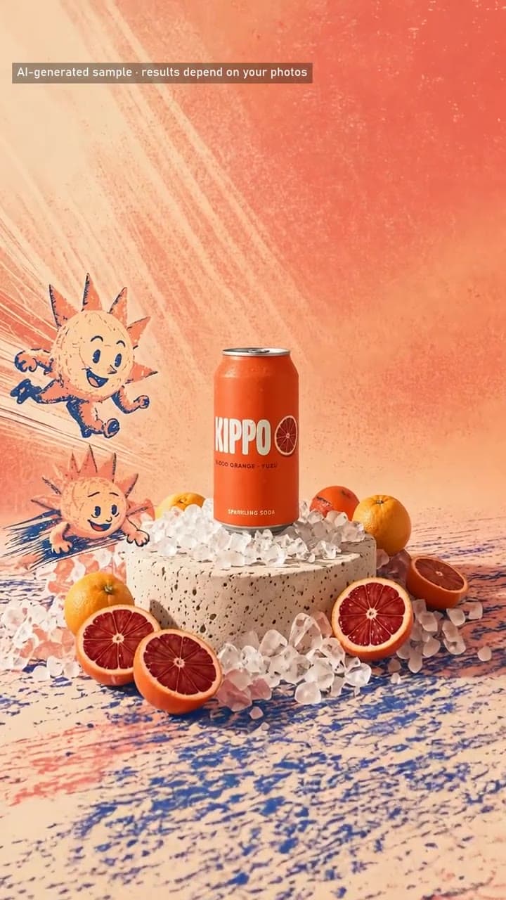 Sun Chaser, a risograph still of the KIPPO Blood Orange Yuzu Sparkling Soda. AI-generated.